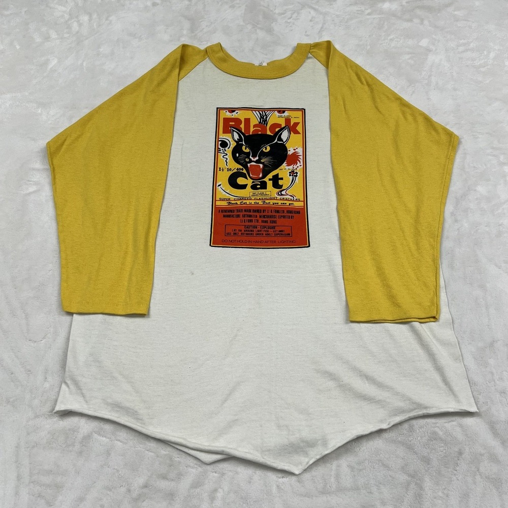 80s Bantam Black Cat Firecrackers Shirt Mens XL White Yellow Vintage Raglan Tee